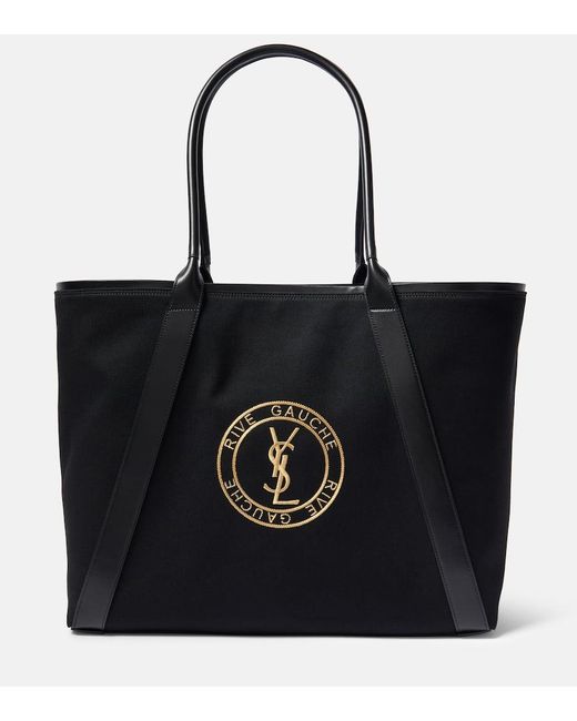 Saint Laurent Black Rive Gauche Embroidered Canvas Tote Bag