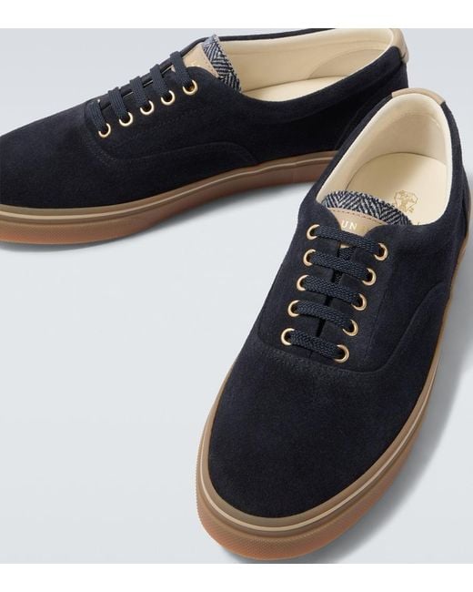 Brunello Cucinelli Blue Leather-Trimmed Suede Sneakers for men