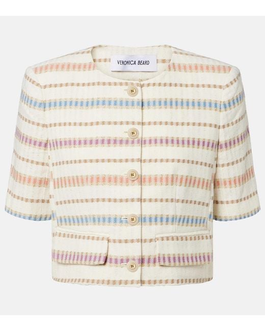 Veronica Beard White Orville Striped Cropped Cotton-Blend Jacket