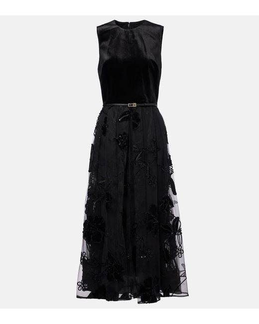 Elie Saab Black Embroidered Tulle And Velvet Midi Dress