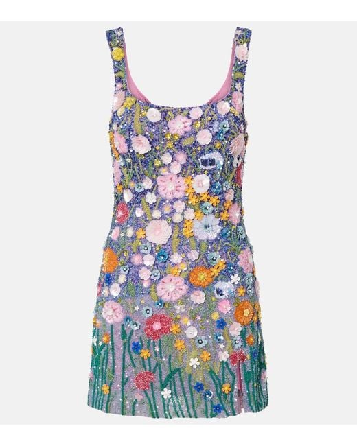 La Fuori Blue Embroidered Floral-Applique Minidress