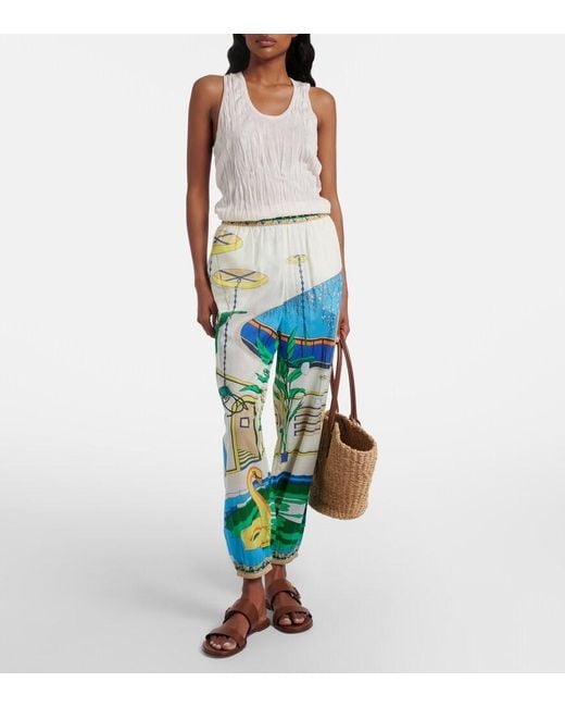 Tory Burch Blue Printed Cotton Tapered Pants