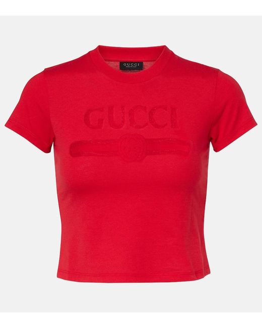 Gucci Red Logo Cropped Cotton-Blend Jersey T-Shirt