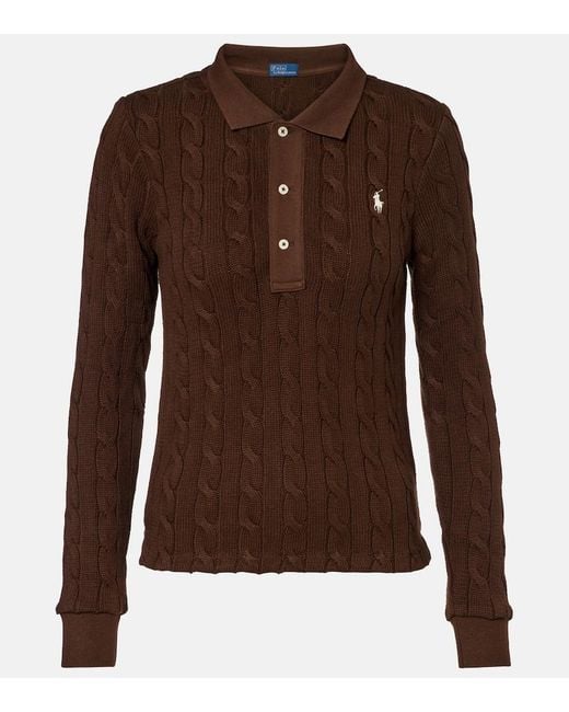 Polo Ralph Lauren Brown Cable-Knit Cotton Polo Sweater