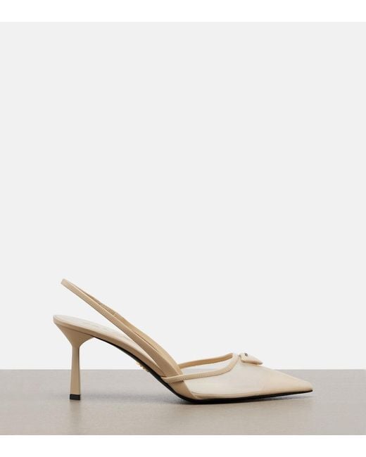 Prada White Leather-Trimmed Mesh Slingback Pumps