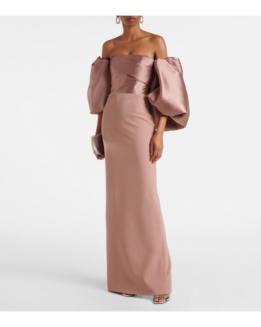Solace London Pink Floris Satin-Trimmed Off-Shoulder Gown