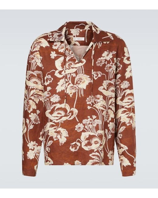 Commas Brown Floral Tie-Neck Linen Shirt for men