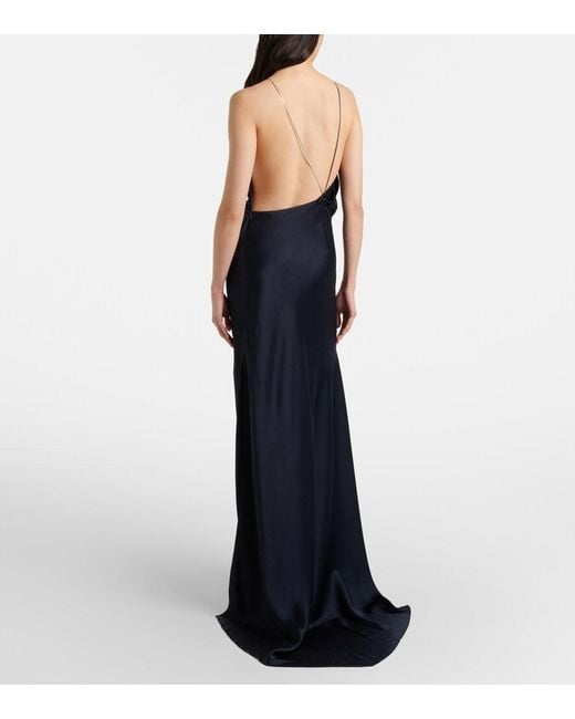 Victoria Beckham Blue Chain-Detail Draped Crepe Satin Gown