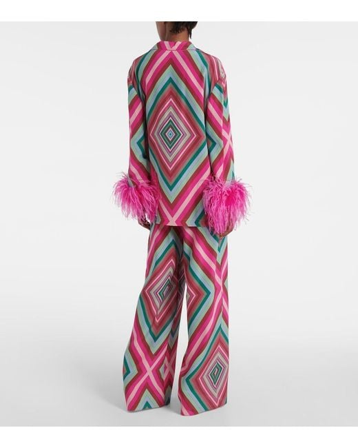 Valentino Pink Rhombus 75 Feather-Trimmed Crepe De Chine Top