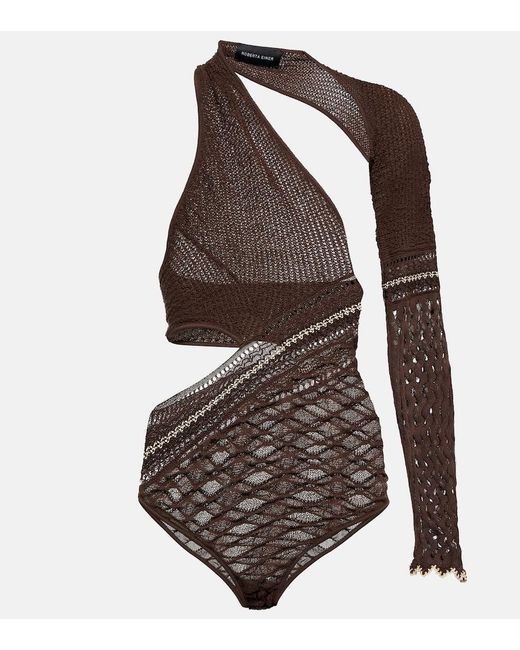 Roberta Einer Brown Dina Asymmetric Knit Bodysuit