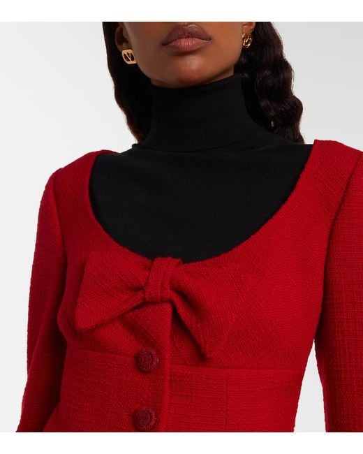 Valentino Red Bow-Detail Cropped Wool-Blend Tweed Jacket