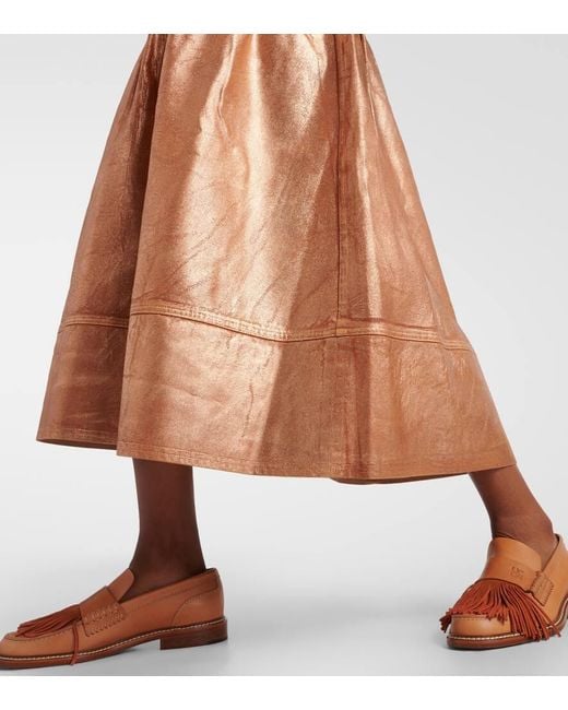 Ulla Johnson Brown Astrid Foiled Denim Midi Skirt