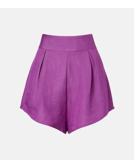 Adriana Degreas Purple Pleated Linen-Blend Shorts