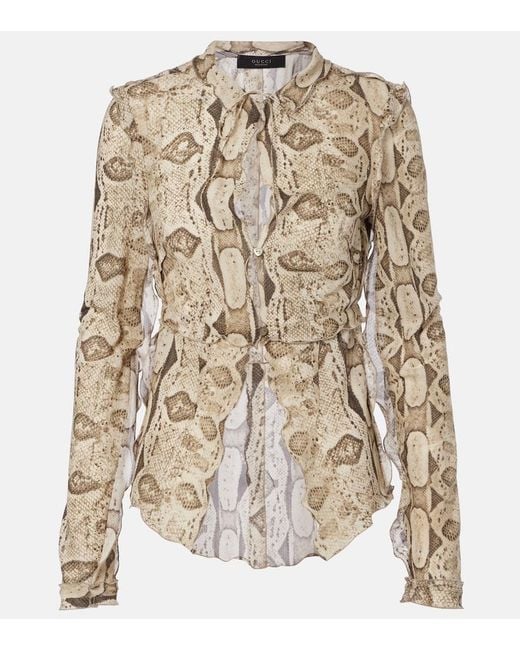 Gucci Natural Snake-Print Silk Blouse