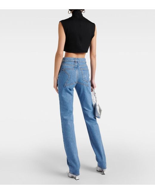 Area Blue Crystal Embellished High Waist Straight Leg Jeans