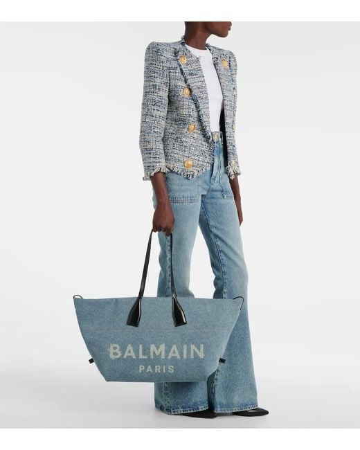 Balmain Blue Track Leather-Trimmed Denim Tote Bag