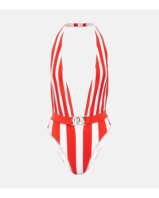 Dolce & Gabbana Red Portofino Striped Halterneck Swimsuit