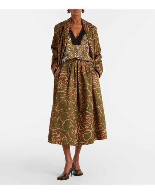 Dries Van Noten Natural Floral Cotton Midi Skirt