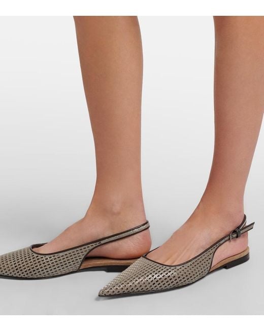 Brunello Cucinelli Brown Monili Leather Slingback Ballet Flats