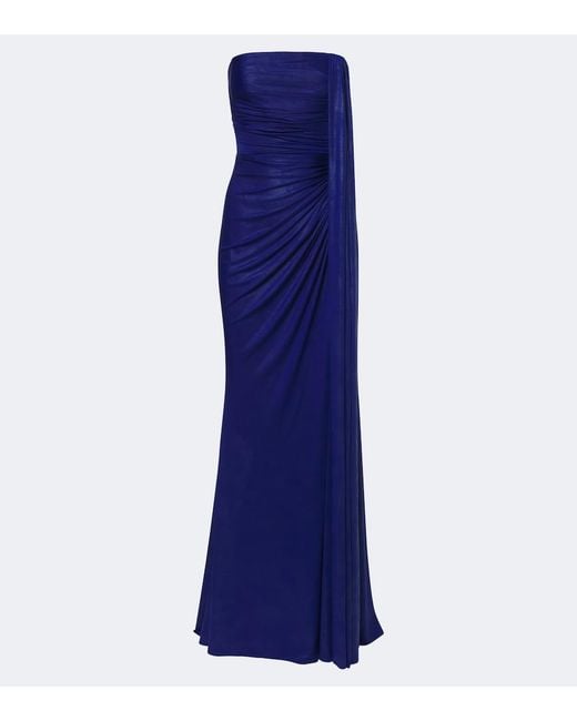 Elie Saab Blue Draped Coated Jersey Bustier Gown