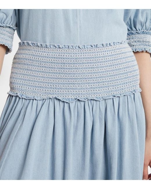 Zimmermann Blue Ascension Shirred Denim Midi Skirt