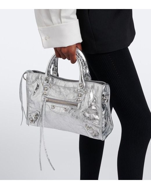 Balenciaga White Le City Small Metallic Leather Top-Handle Bag