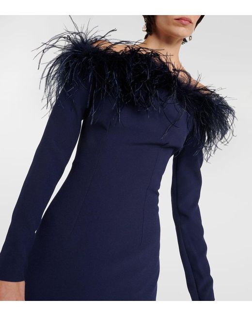 Safiyaa Blue Starlana Feather-trimmed Off-shoulder Gown