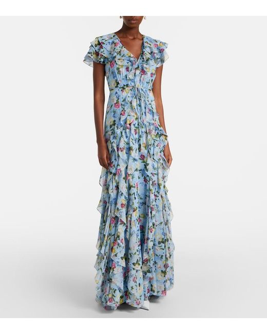 Carolina Herrera Blue Floral Ruffled Silk Gown