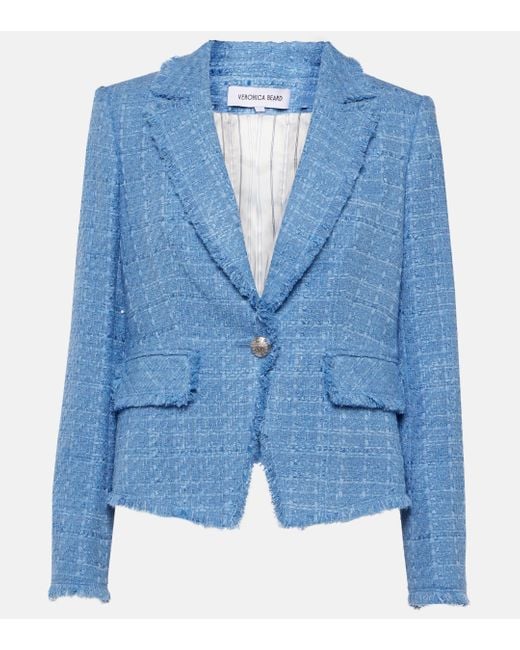 Veronica Beard Blue Hosanna Dickey Frayed Cotton-blend Tweed Blazer