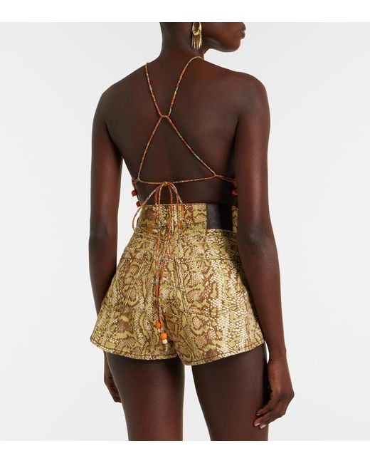 ALÉMAIS Natural Boa Snake-Print Denim Shorts