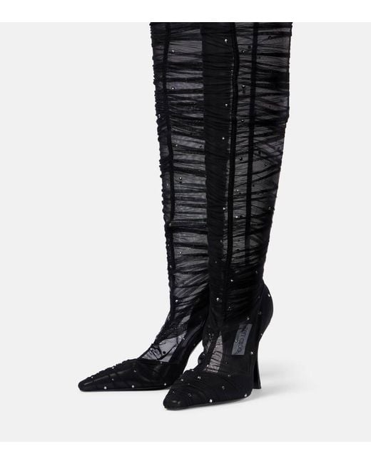 Jimmy Choo Black Lotta 100 Embellished Tulle Over-The-Knee Boots