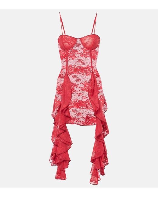 Oseree Red Ruffled Lace Bustier Dress