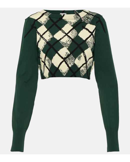 Burberry Green Argyle Cropped Cotton Sweater