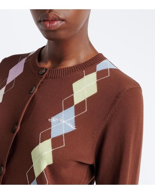 Ganni Brown Argyle Cotton Cardigan