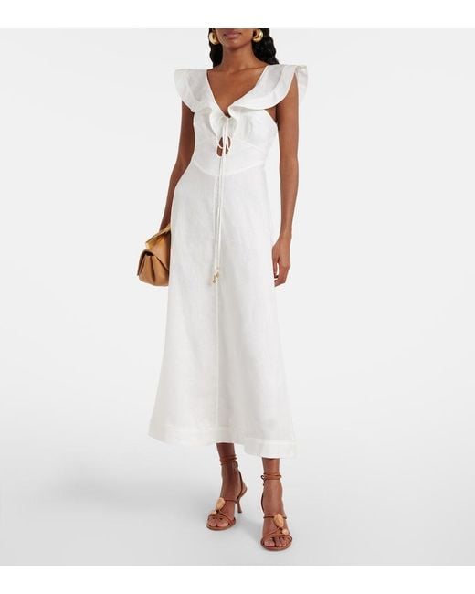 Zimmermann White Rhiannon Ruffled Linen Midi Dress