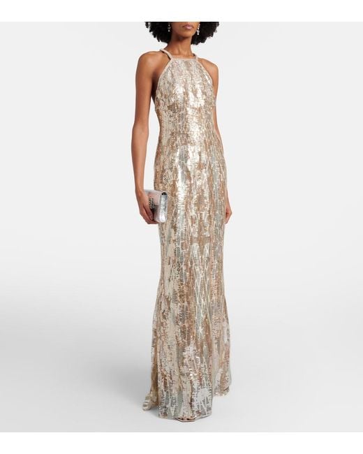 Elie Saab Natural Sequined Silk-Blend Gown