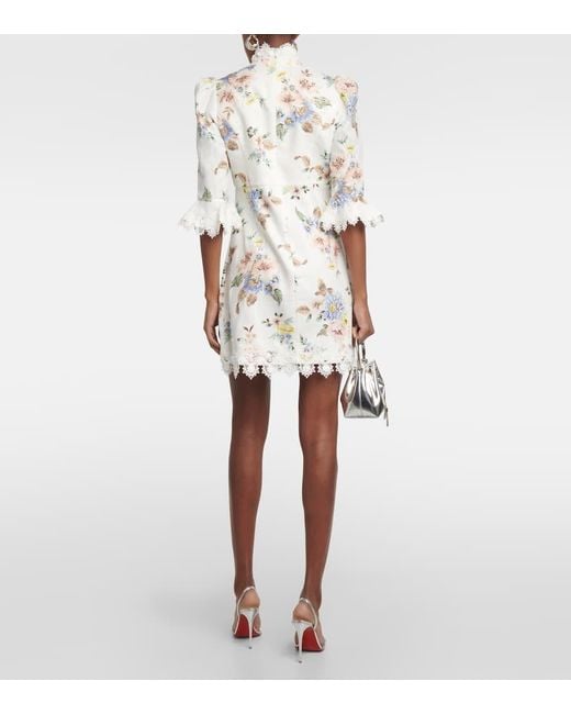 Vestido corto de lino floral con encaje Zimmermann de color White