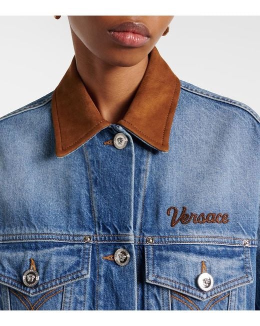 Versace Blue Trucker Suede-Trimmed Denim Jacket
