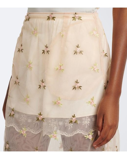 Simone Rocha Natural Embroidered Tulle Midi Skirt
