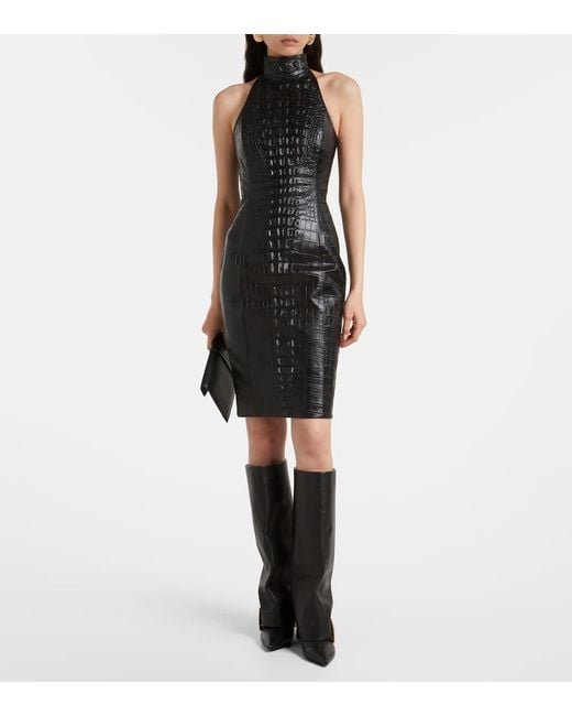 Balmain Black Croc-Effect Halterneck Leather Minidress