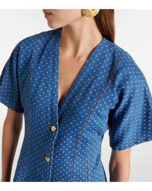 Ganni Blue Polka-Dot Denim Minidress