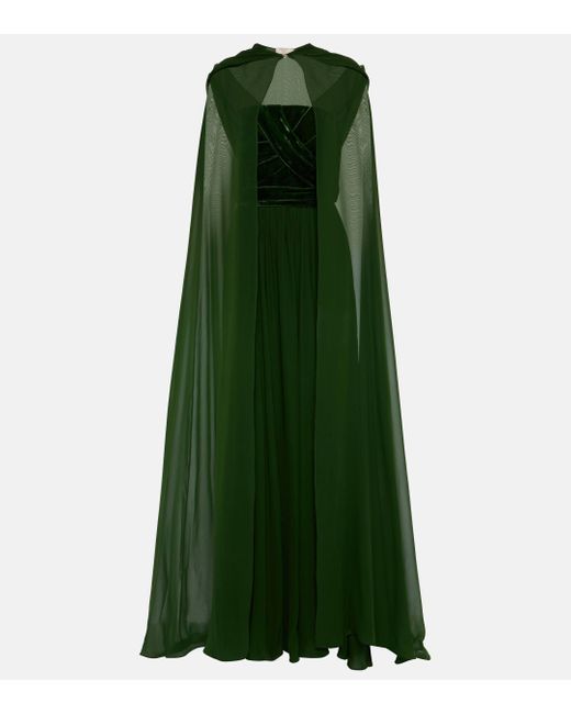 Robe longue en velours et soie melangee Elie Saab en coloris Green