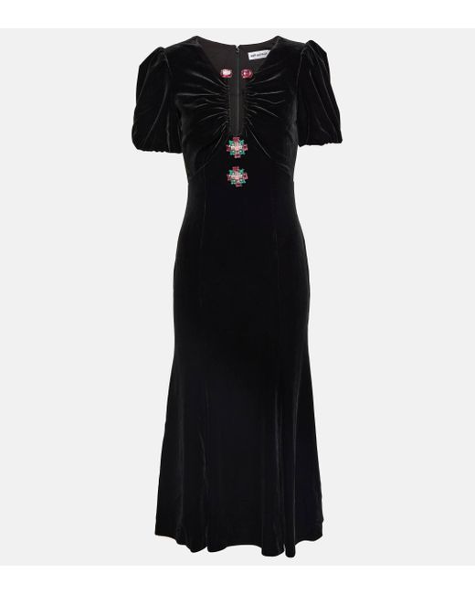 Self-Portrait Black Crystal-embellished Velvet-textured Stretch-woven Midi Dress