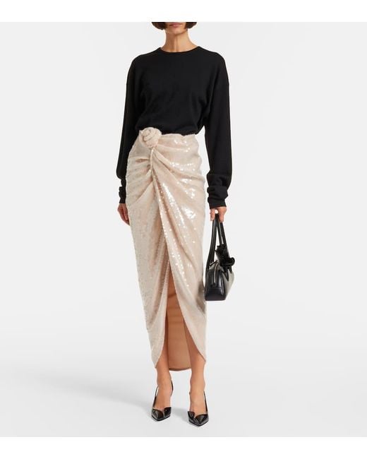 ROTATE BIRGER CHRISTENSEN Natural Rositana Floral-Applique Sequined Wrap Skirt