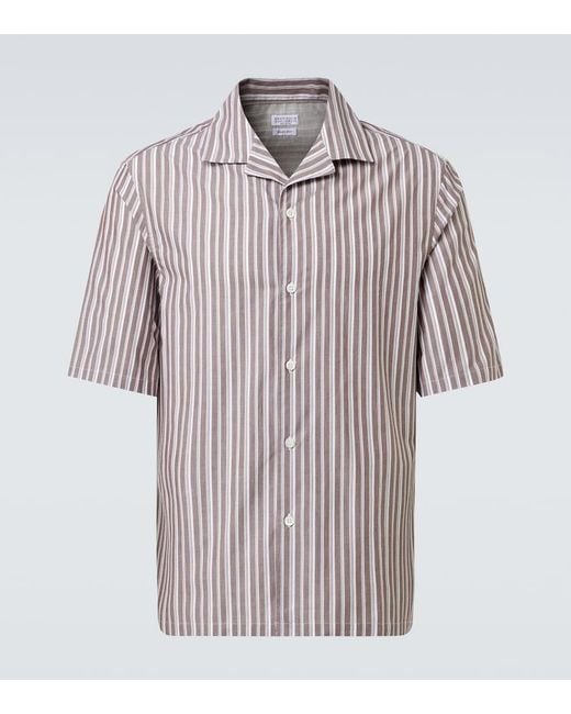 Brunello Cucinelli Brown Striped Cotton Bowling Shirt for men