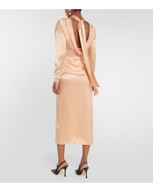 Alessandra Rich Pink Tie-Neck Silk Satin Midi Dress