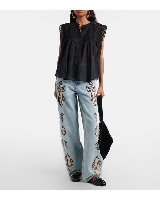 Isabel Marant Blue Maella Embroidered Fringed Straight Jeans