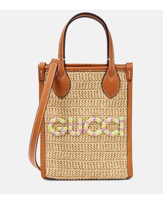 Borsa Mini in rafia con logo di Gucci in Brown