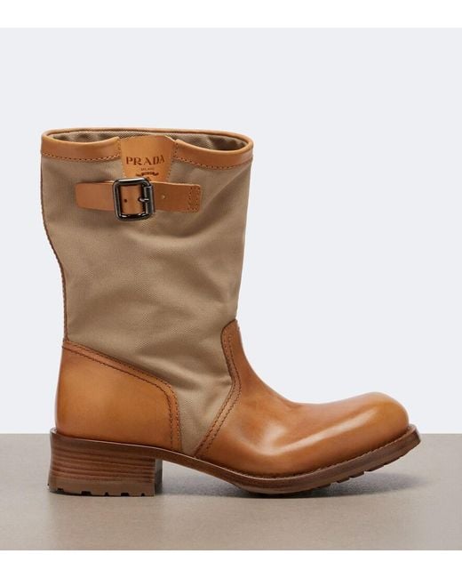 Prada Brown Leather And Canvas Biker Boots