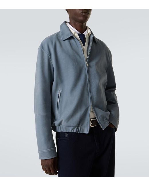 Brunello Cucinelli Blue Leather Blouson Jacket for men